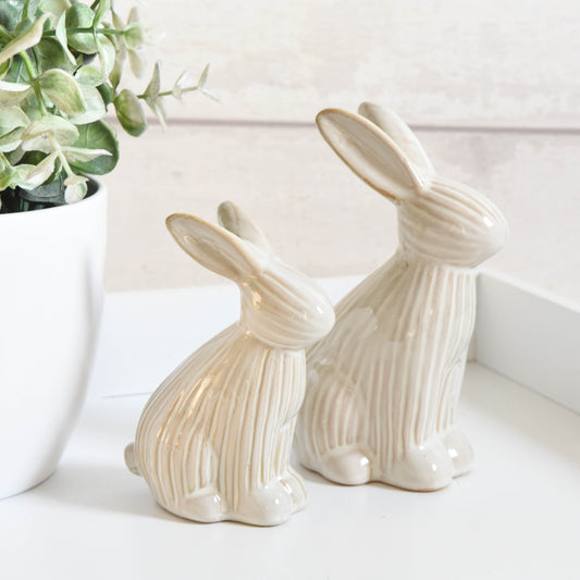 Neutral Ribbed Ceramic Sitting Rabbit Ornament