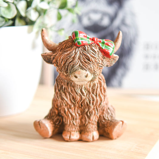 Scottish Tartan Bow Highland Cow Figurine