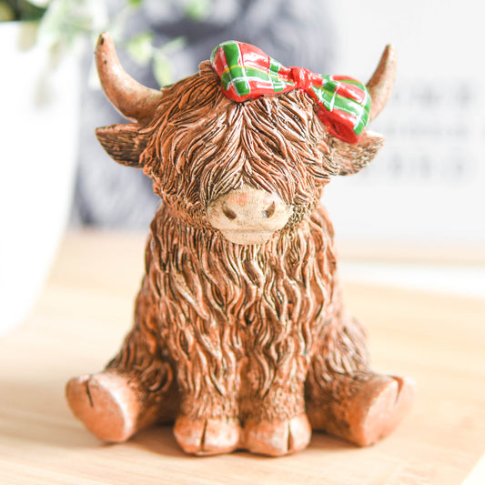 Scottish Tartan Bow Highland Cow Figurine