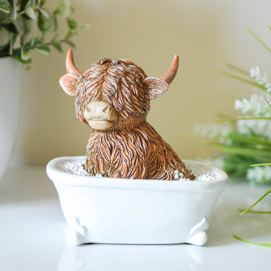 Happy Highland Cow in Bath Ornament