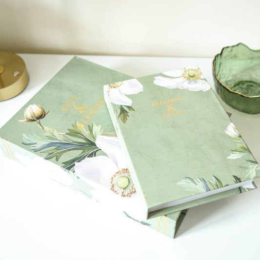 White Poppy Sage Green Faux Book Storage Boxes - Set of 2
