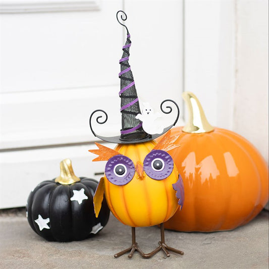 Orange Metal Owl with Witch Hat Ornament