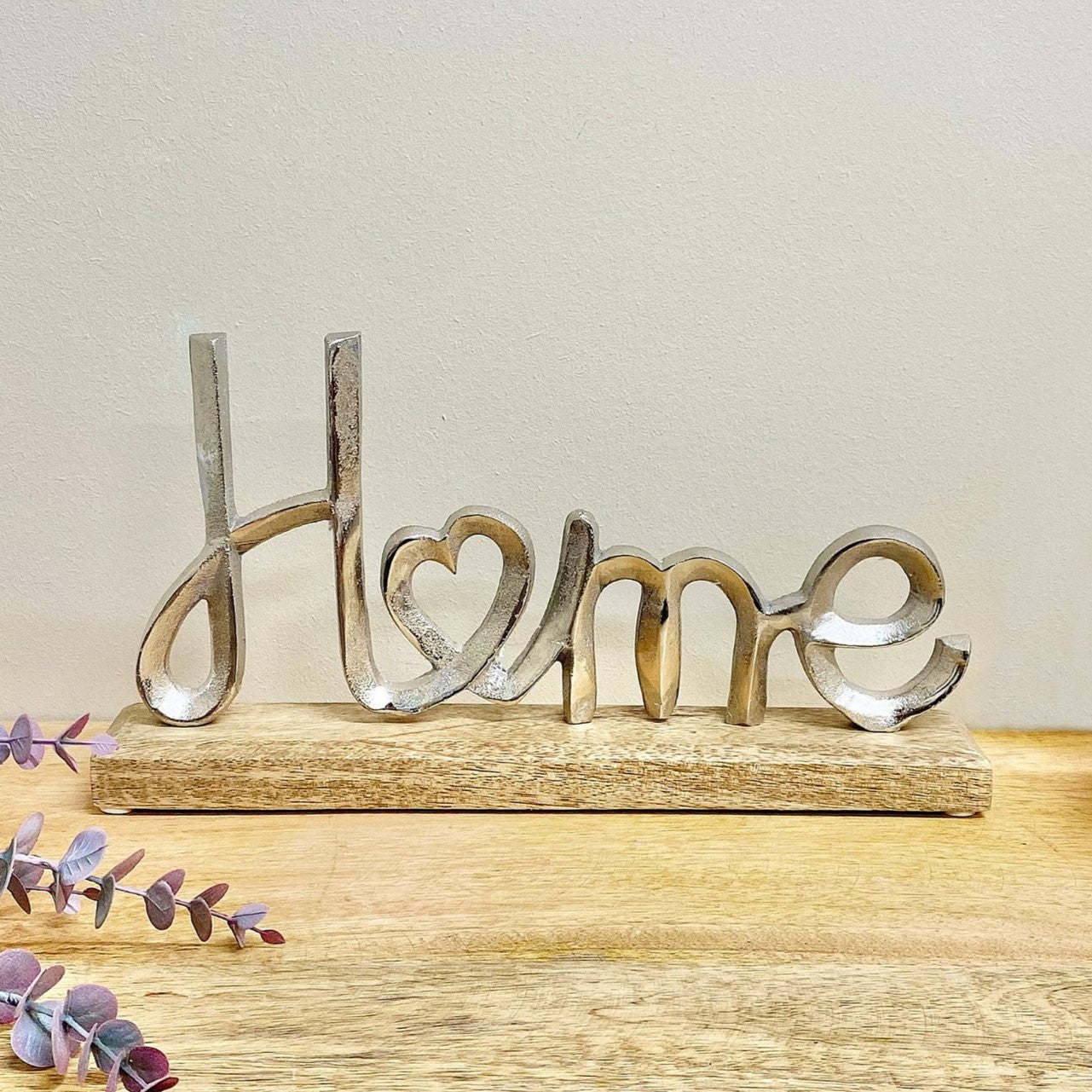 Home Aluminium Word on Wooden Base