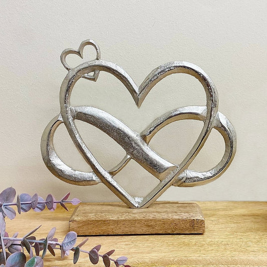 Metal Silver Entwined Hearts On Wooden Base