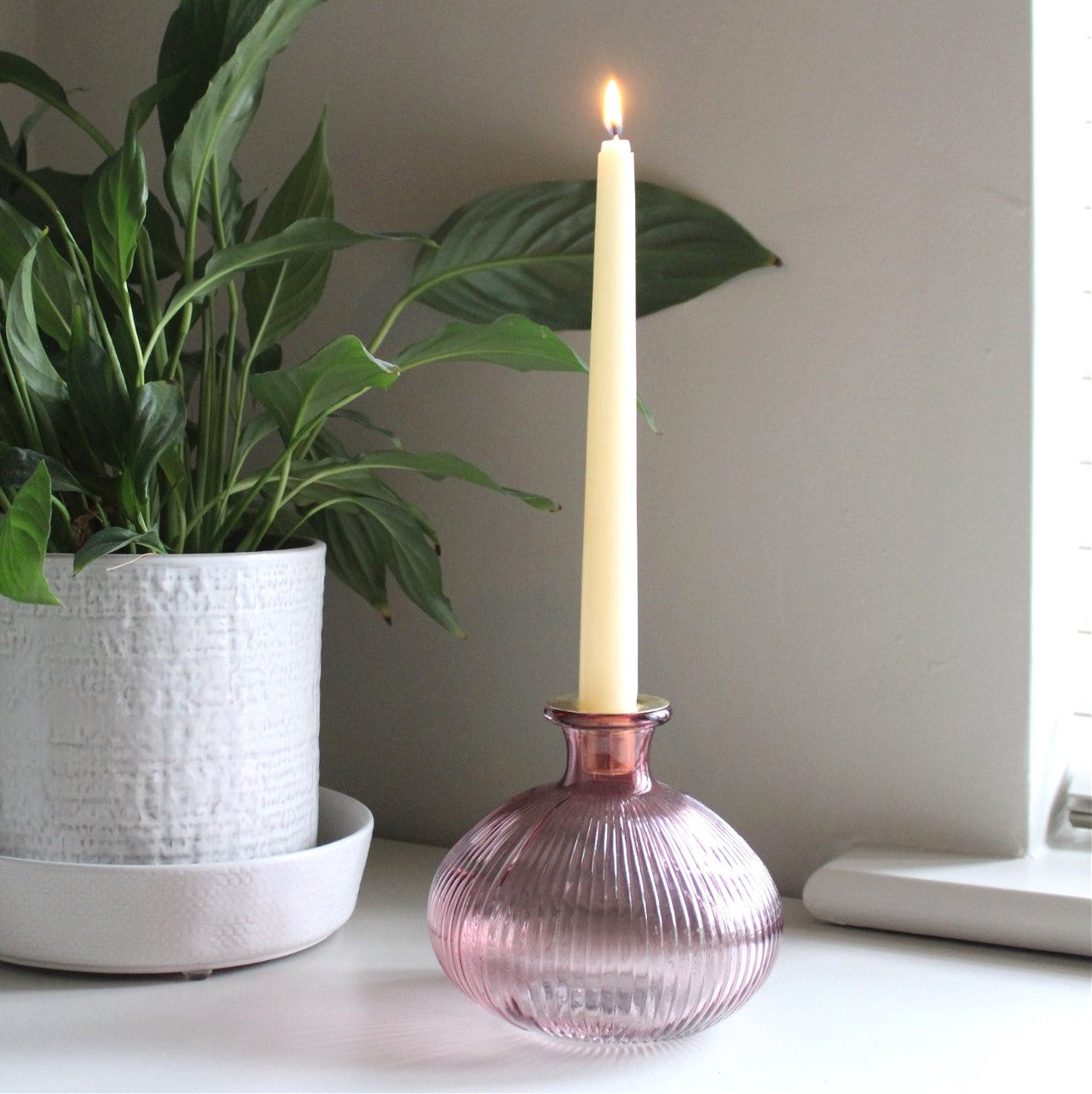 Pink Ribbed Glass Candle Holder