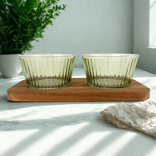 Set of 2 Round Green Glass Dishes on Tray