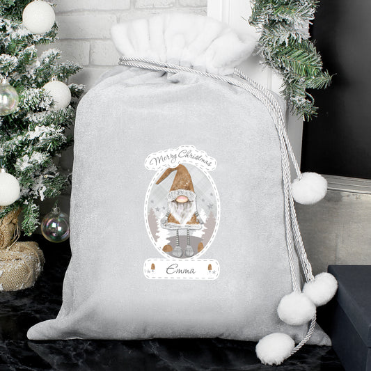 Personalised Christmas Gonk Silver Grey Pom Sack