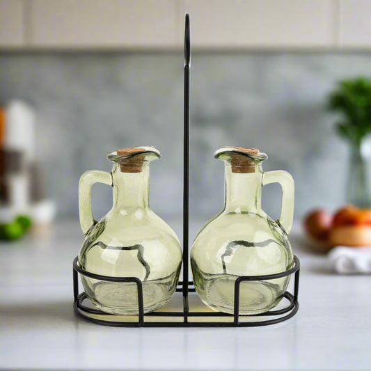 Set of 2 Green Glass Oil Bottles on Stand