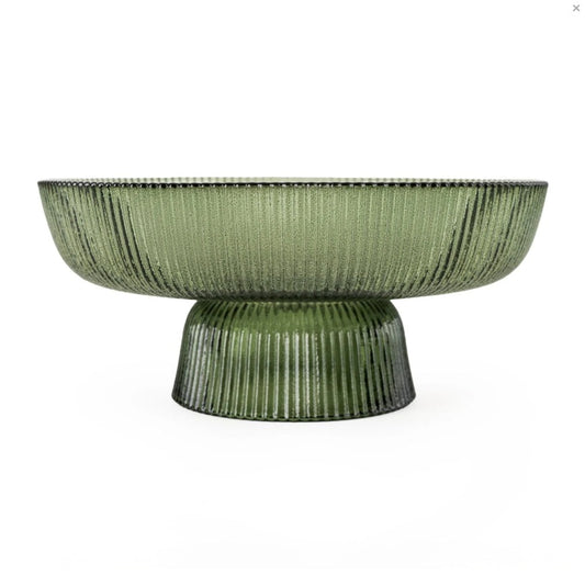 Green Ridged Glass Pedastal Bowl