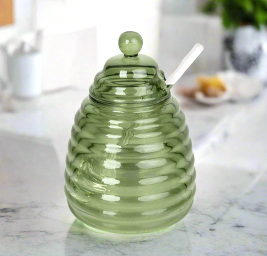 Green Glass Honey Jar with Dipper