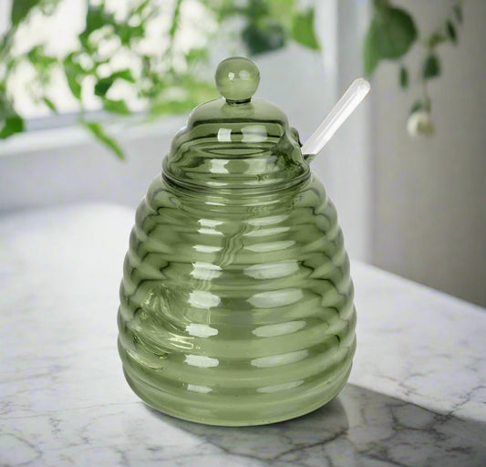 Green Glass Honey Jar with Dipper