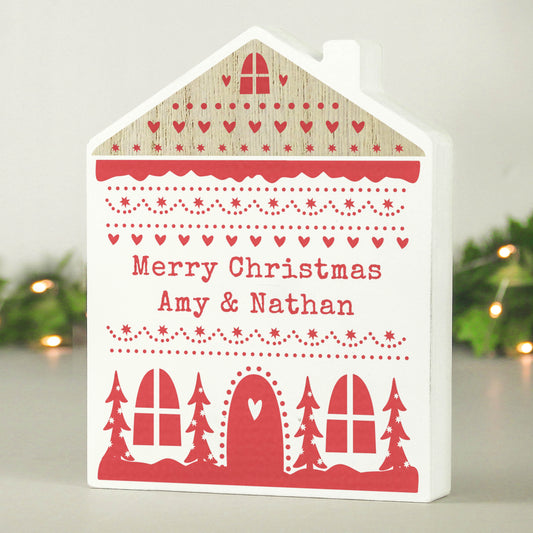 Personalised Christmas Wooden Fair Isle House Ornament