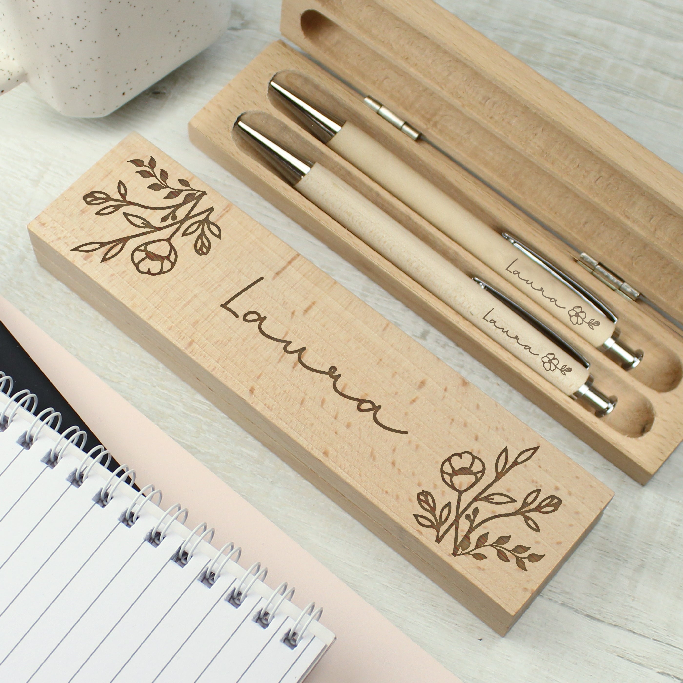 Personalised Floral Wooden Pen & Pencil Set