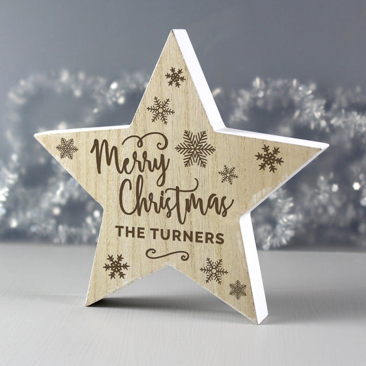 Personalised Merry Christmas Rustic Wooden Star Decoration
