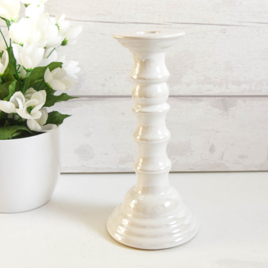 White Iridescent Ceramic Taper Dinner Candle Holder
