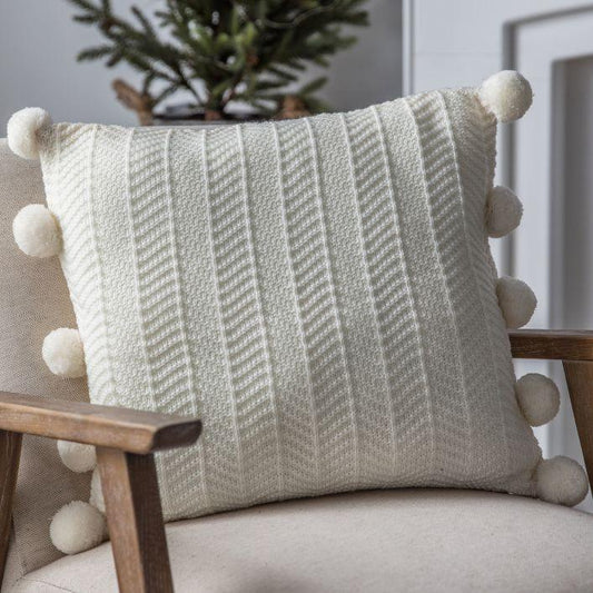 Cream Herringbone Pom Pom Cushion -  Picture Perfect Interiors