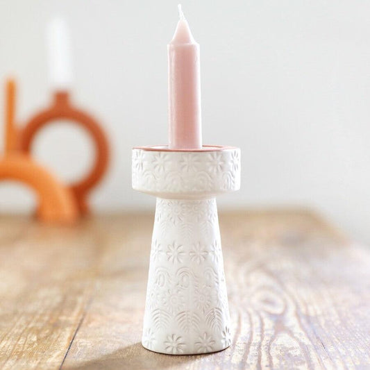 White & Terracotta Stamped Candlestick Holder -  Picture Perfect Interiors